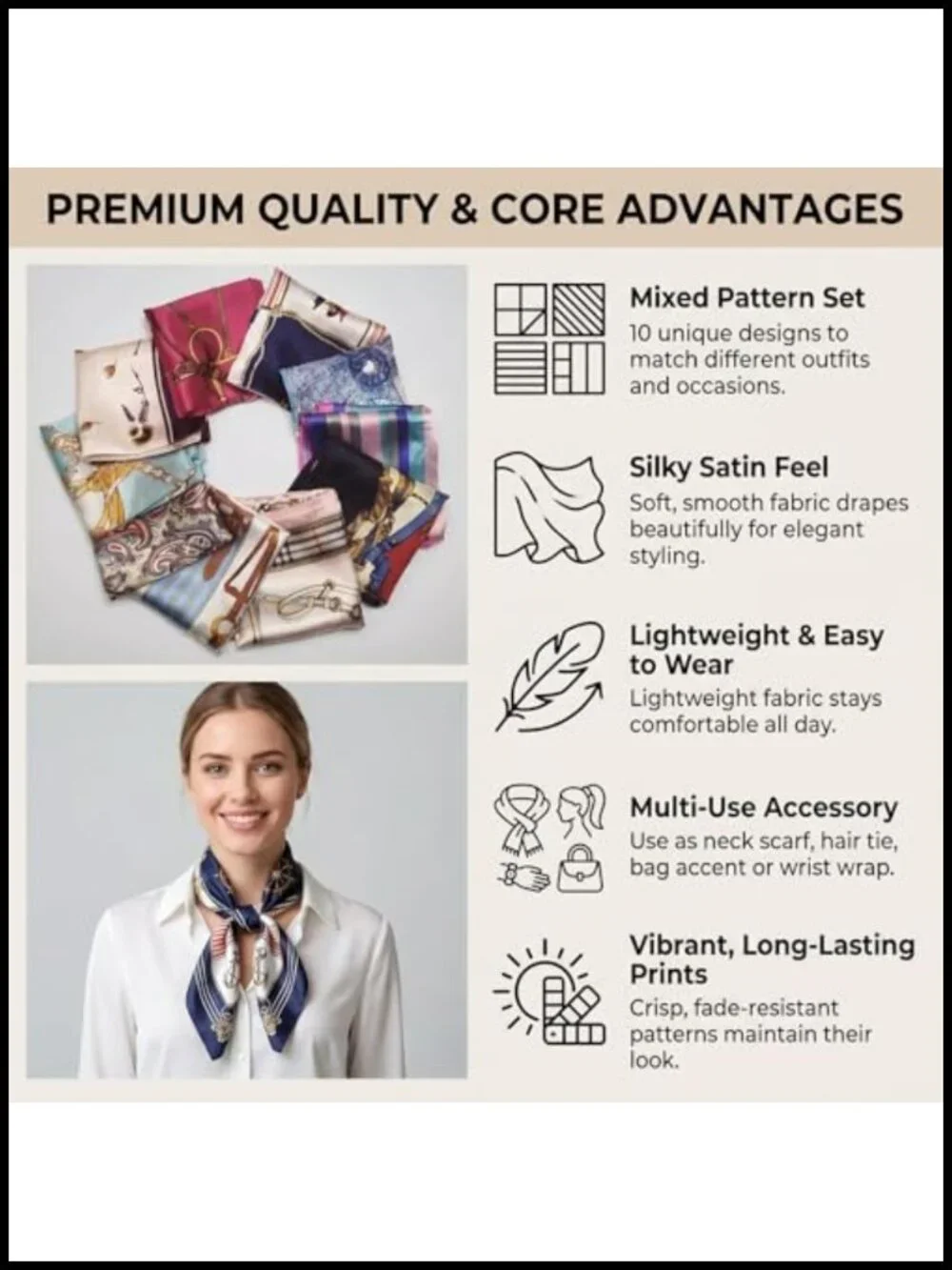10 Pack Satin Square Scarves for Women Soft Silk Feeling Headscarf Neck Scarf